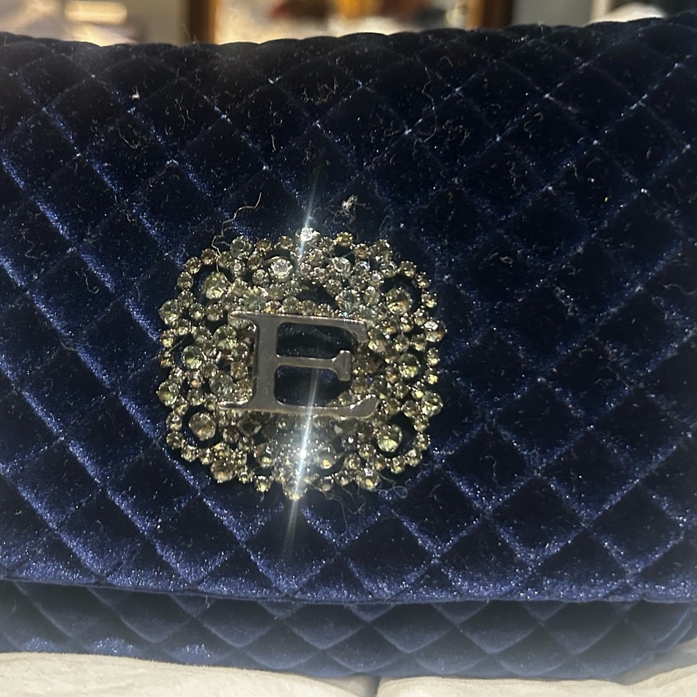 Elegant Blue Velvet Clutch with Rhinestone Initial